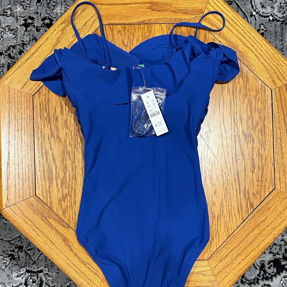 *J. CREW* Blue Ruched Ruffle One-Piece Swimsuit NWT Size 4 - Picture 10 of 11